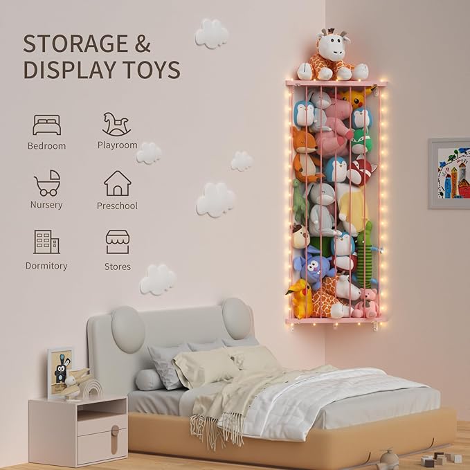 Stuffed Animal Storage Shelf Organizer(Patented) - Corner Stuffed Animal Holder Length Adjustable - Wall Plush Storage for Nursery Playroom Bedroom Kids Room (Pink+Light, Standard)
