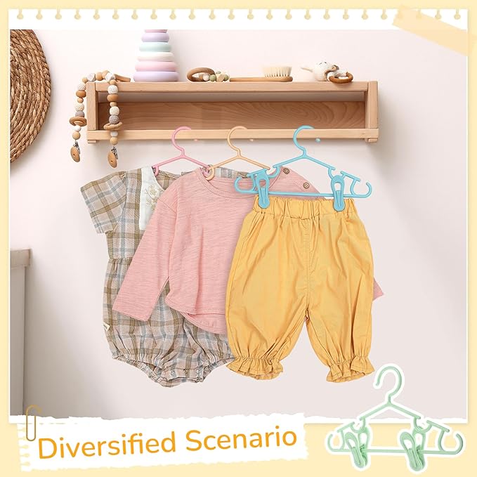 Hsei 5/10/40 Pack Baby Hangers with 10/20/80 Clips, Plastic Kids Pants Hangers for Nursery Closet Top and Bottom Clothes Hanger Set for Newborn Infant Toddler(15 Packs Total,Macaron Color,10.6 Inch)