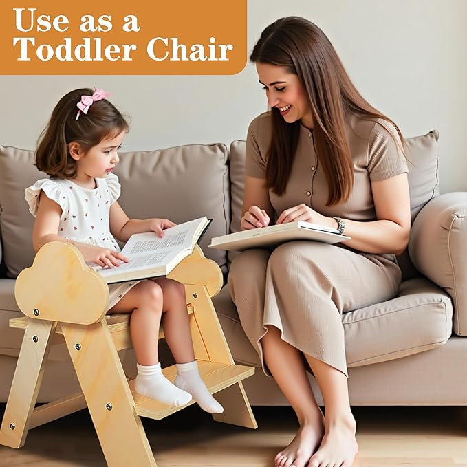 TinyHaven Wooden Toddler Step Stool, 2-Step Foldable Stool for Kids with Non-Slip Surface, Baby Bathroom Stool for Potty Training, Bathroom Sink, Kitchen Counter with Cute Cloud Design, Natural