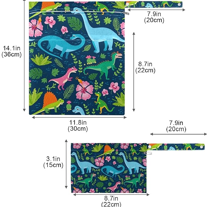 visesunny Dinosaur Tropical Leaf Flower 2Pcs Wet Bag with Zippered Pockets Reusable Roomy Diaper Bag for Travel,Beach,Pool,Daycare,Stroller,Diapers,Dirty Gym Clothes, Wet Swimsuits, Toiletries