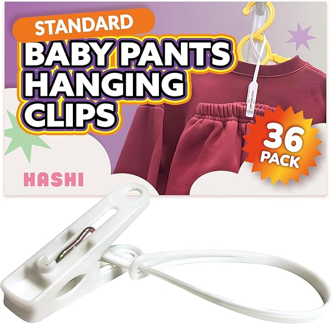 HASHI Baby Clothes & Pants Clips, Non-Slip Hanger Clips with Strong Grip, Space-Saving Organizer for Baby & Toddler Laundry, Closet, Socks, Stroller, Travel & Drying Rack (60, Standard)
