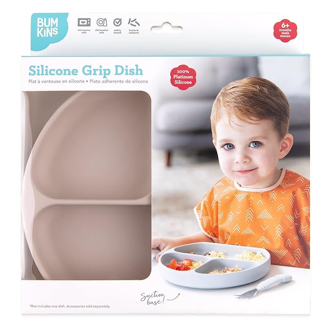 Bumkins Toddler and Baby Suction Plate, Silicone Divided Grip Dish, Babies and Kids, Baby Led Weaning, Children Feeding Supplies, Non Skid Sticky Bottom, Platinum Silicone, Ages 6 Months Up, Beige