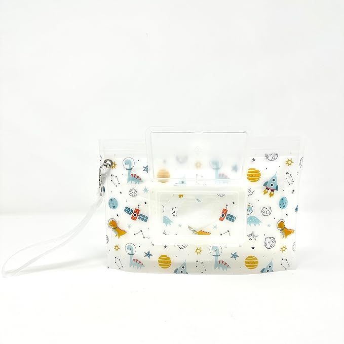 Baby Wipes Dispenser Portable & Refillable Wet Wipe Pouch Pack of 2 Reusable Wipes Holder and Wipe Container, Baby Essential, Makeup Wipe Travel Case - Regular Size, Dinosaurs Love