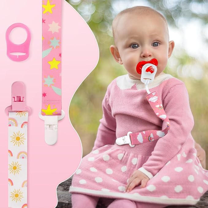 4 Pack Pacifier Clips for Boys Girls, Dummy Clips Baby with Adapters, Silicone Binky Clips for Baby Teething Toys Baby Shower (Pink+White)