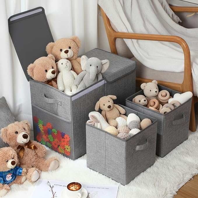 Fiwochic 3 Pack 23" Large Toy Storage Box with 11" Cubes Bins, Collapsible Toy Organizer Chest with Lids for Kids Nursery Playroom Bedroom Living Room Christmas Ornament Storage Box(Grey)