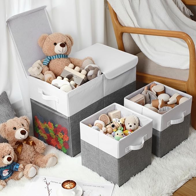 Fiwochic 3 Pack 23" Large Toy Storage Box with 11" Cubes Bins, Collapsible Toy Organizer Chest with Lids for Kids Nursery Playroom Bedroom Living Room Christmas Ornament Storage Box(Grey White)
