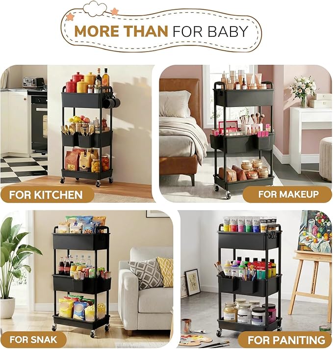 Goovilla Diaper Cart with Lockable Wheels and Easy Assembly, 3 Tier Black Rolling Cart for Baby Nursery Storage, Sturdy Ample Diaper Caddy Organizer for Baby Girl, Boy, New Mom, Newborn Essentials