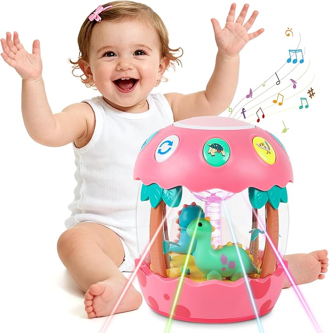 M SANMERSEN Baby Girl Toys 6-12 Months, Dinosaur Rotating Light Up Musical Baby Toys for 0-6 12-18 Months Newborn Infant Crawling Tummy Time Toys, Birthday Valentines Day Baby Girl Gifts - Pink
