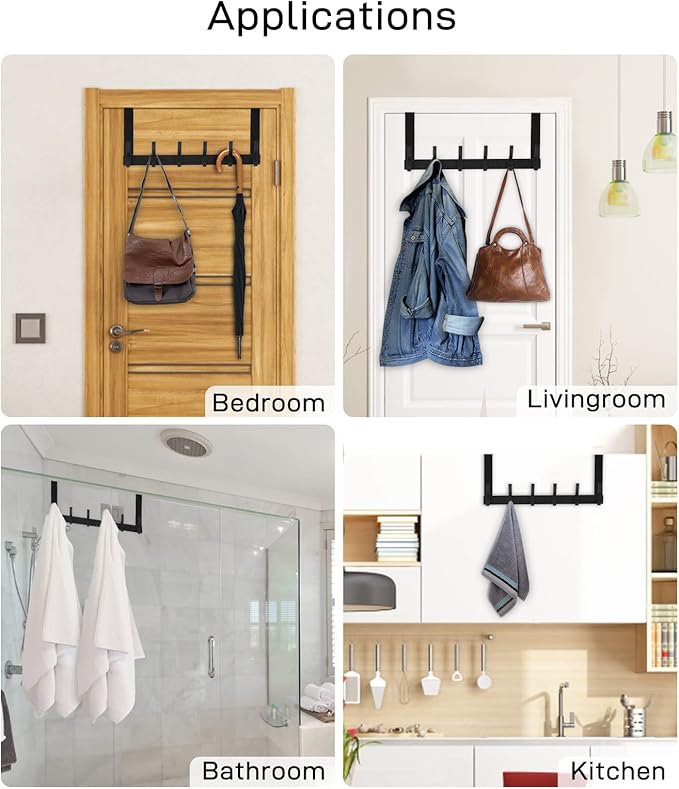 Optish Over The Door Hooks, Door Hanger Hooks for Hanging, Over The Doors Towel Racks for Bathroom with 12 Coat Hook, Coat Rack Dorm Essentials Bathroom Accessories(1 Pack, Black)