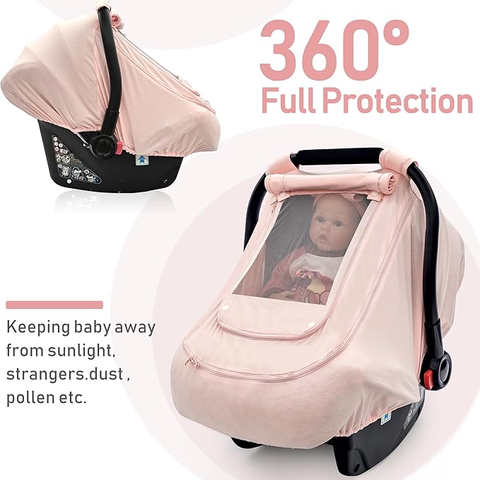 Baby Car Seat Cover for Summer/Spring,100% Organic Cotton Carseat Cover for Babies,Infant Car Seat Cover Canopy for Boys& Girls, Lightweight & Breathable (Pink)