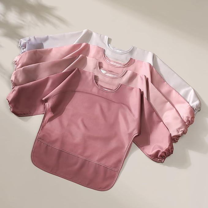 4 Pack Long Sleeve Bib, Reusable Bib with Catch-all Pocket