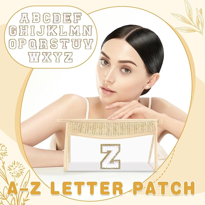Personalized Initial Letter Bag Boho Straw Clear Makeup Bag,Small Cute Chenille Varsity Letter Pouch With Zipper,Beach Travel Toiletry,Portable Monogrammed Cosmetic Bag for Women Girls,Z