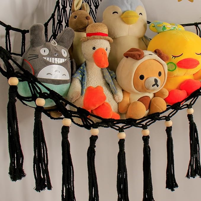 Stuffed Animal Hammock Corner Storage - Toy Hammock Net Organizer with LED Light - Tedddy Hammocks Plushie Net Holder - Black Wall Decor for Boy Living Room Bedroom