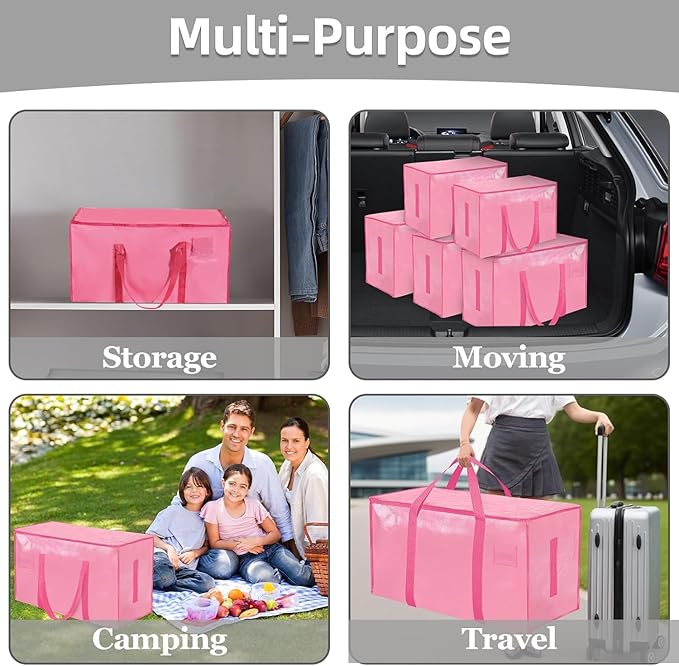 16 Pack-Extra Large Heavy Duty Moving Bags - Waterproof Storage Totes with Handles & Zippers, Foldable for College Dorm, Storage (Pink)