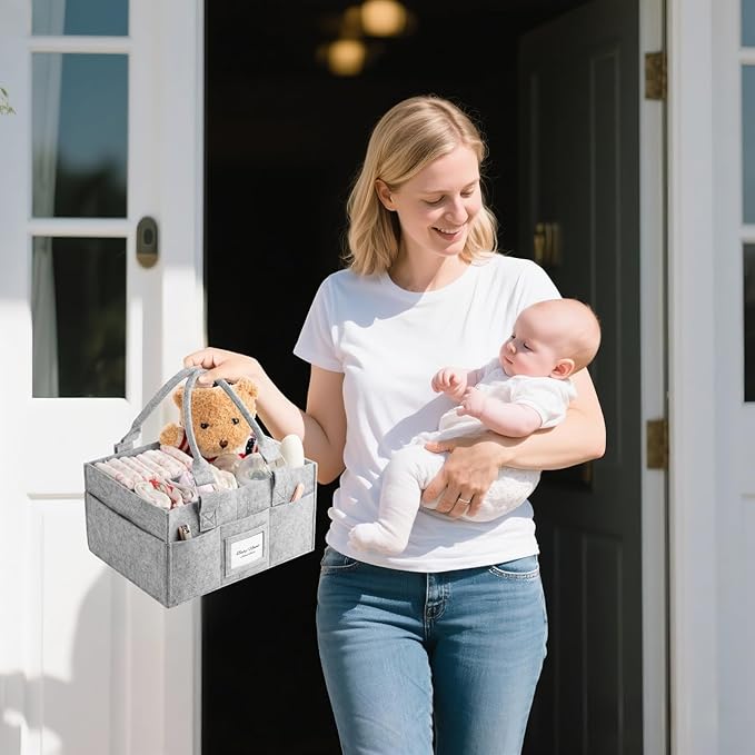 Diaper Caddy Organizer, Newborn Essetials Must Haves, Baby Registry Search and Other Baby Stuff, Collapsible Baby Basket with Handle and a Photo Frame, Grey, 11.8 x 6.3 x 9.0 inch