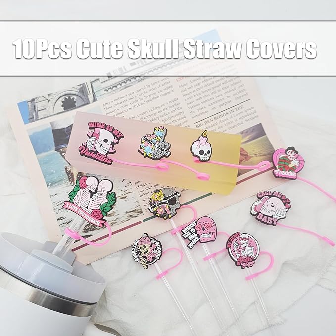 10Pcs Skull Straw Covers Cap for Stanley Cup, 0.4in/10mm Silicone Straw Toppers for Stanley 30&40 Oz Tumbler with Handle, Reusable Dust-Proof Drinking Straw Tips Lids,Cute Stanley Cup Accessories