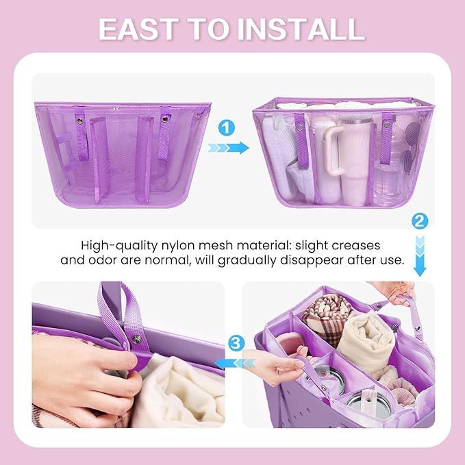 XYFuuee Beach Bag Organizer Inserts for Large Simple Modern Bag Accessories, with 8 Removable Metal Fasteners, Lightweight Mesh Insert Divider Pouch, Organizing Rubber Tote, Save Space, Purple