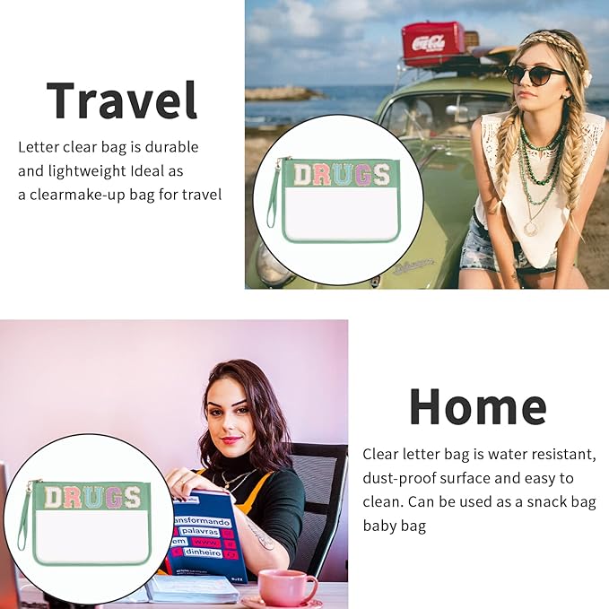 Iqimott Chenille Letter Clear Bag Drugs Pouch, Monogram PVC & PU Makeup Cosmetic Bag Zipper Toiletry Pouch, Waterproof Portable Purse Travel Beach Snack Wristlet Bags for Women Girls(Drugs,Green)
