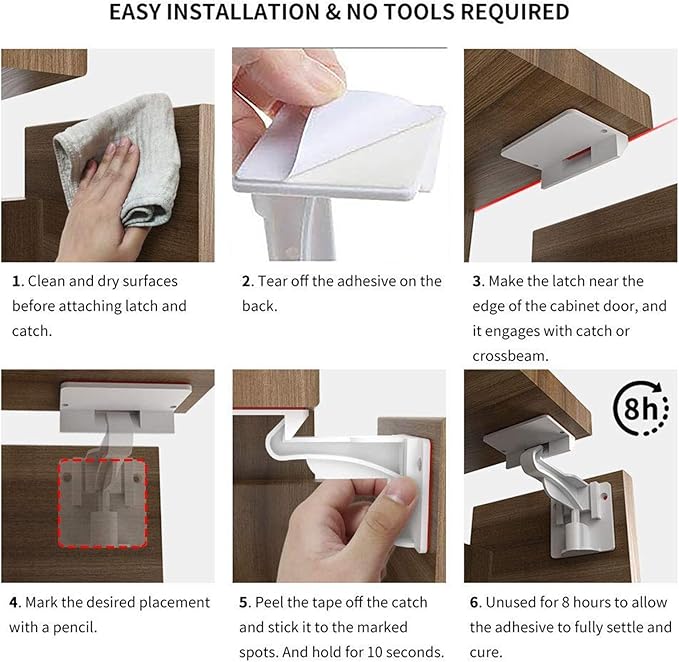 10 Pack Upgraded Invisible Baby Proofing Cabinet Latch Locks – Children Proof Cupboard Drawers Latches, Suitable for Cabinets and Drawers, No Drilling or Tools Required, Adhesive Easy Installation