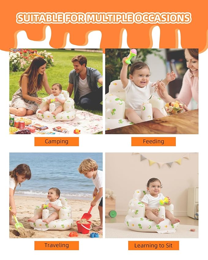 AGITVPS Inflatable Baby Seat for Babies 3-36 Months, Built in Air Pump Baby Chair Sit Me up Floor Seat for Baby, Bumbo Seat for Learning to Sit, Feeding, Camping (Pillar-Dinosaur)