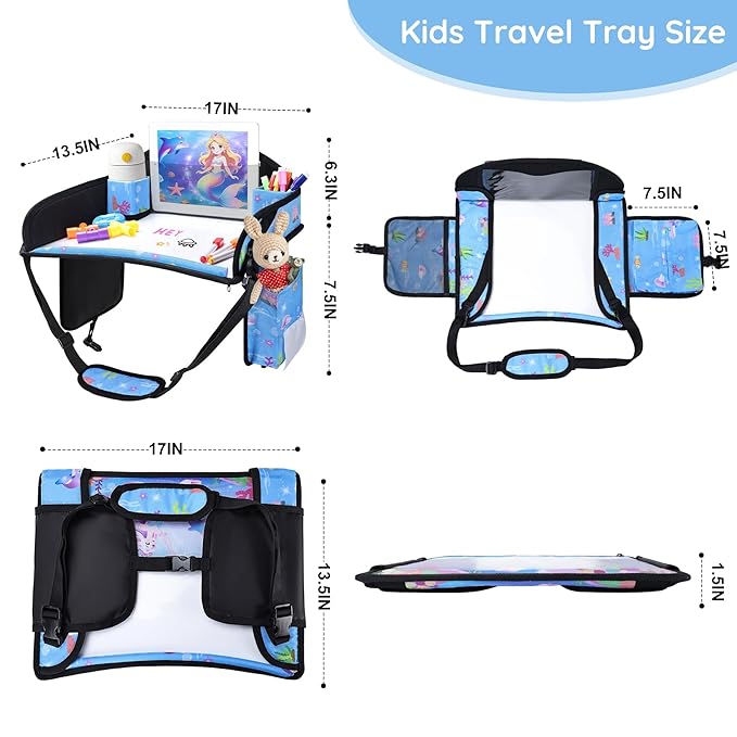 Kids Travel Tray for Car Seat, Road Trip Essentials for Toddler, Carseat Lap Tray with Dry Erase Board & Storage Organizer for Activities, Bluish Violet