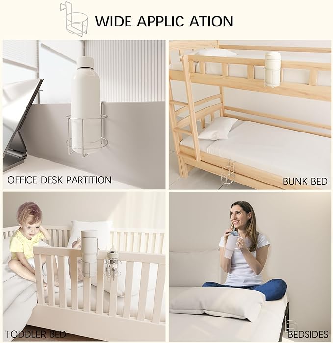 Cup Holder for Bed (Diameter: 4.1IN) Drink Holder Water Bottle/Glass Organizer for Wood Dorm Room Bunk Bed Crib, Metal Toddle Bed,Loft Bedside, Headbed, Car,Office Desk Partition