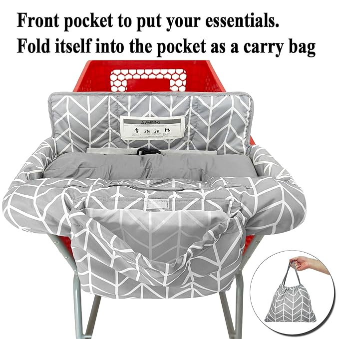 Love&go Soft Pillow Attached 2-in-1 Shopping Cart and High Chair Cover for Baby, Cotton Padded Cart Cover, Fold'n Roll Style, Portable with Carry Bag (Gray Arrow)