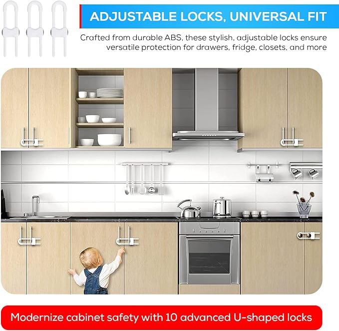 10 PACK Child Proof Cabinet Locks Set, Baby Proofing Adjustable U-Shaped Sliding Locks For Cabinets, Drawers, Closets, Cupboard Handles And Door Knobs. Easy to Use Perfect For Baby Safety (White)