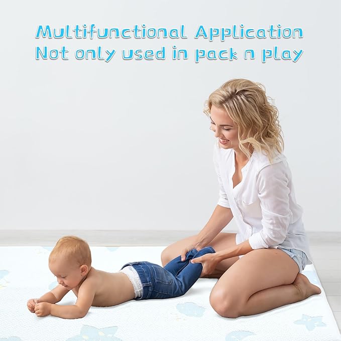 Pack and Play Mattress Pad, Portable Crib Pack N Play Mattresses, 38" x 26" x 1.5" Jacquard Playpen Mattress for Travel Soft Breathable Play Yard Mattress with Washable Cover (Moon/Star)
