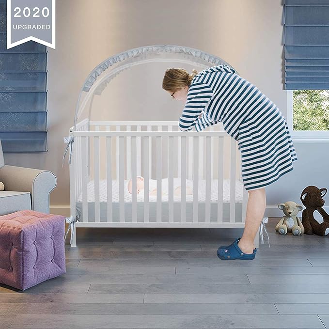 L RUNNZER Baby Crib Tent, Breathable Pop Up Crib Tent Canopy Keep Baby from Climbing Out, Crib Net to Keep Baby in with Auto-Lock Zipper(55.2" L x 27.6" W x 51.6" H)