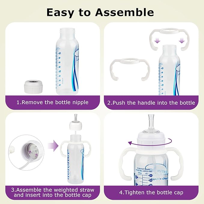 Straw Cup Conversion Kit for Dr Browns Narrow and Narrow Glass Baby Bottles, Weighted Straw Replacement Kit with Soft Straw Top and Handle,6m+,Set of 2