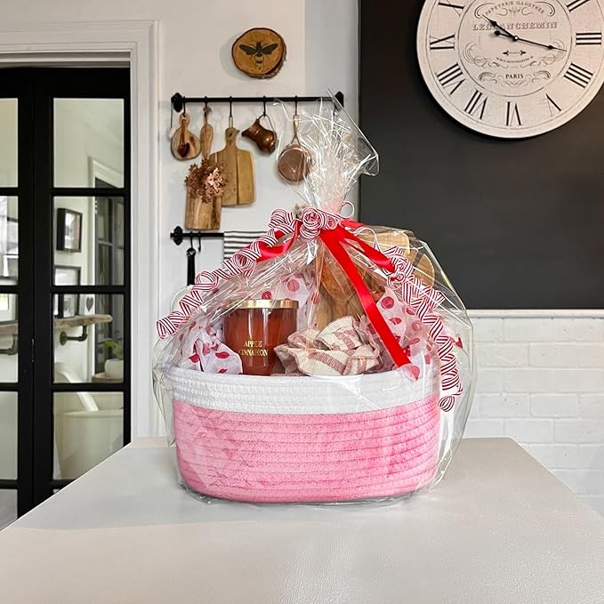 Goodpick Easter Basket with Handles for Kids, Small Basket for Organizing Diapers, Towels, Cute Decorative Baskets,Toy Storage Baskets, 12"x 8" x 5", Pink