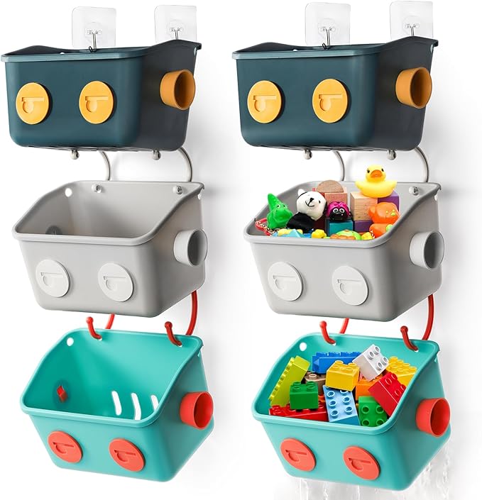 Noamus 6 Pack Bath Toy Storage Organizer Basket, 3 Layers Wall Mounted Hanging Shower Caddy, Plastic Robot Modeling Kitchen Shelf with Hook, No Drilling Colorful Toy Holder for Kid Bathtub Shampoo