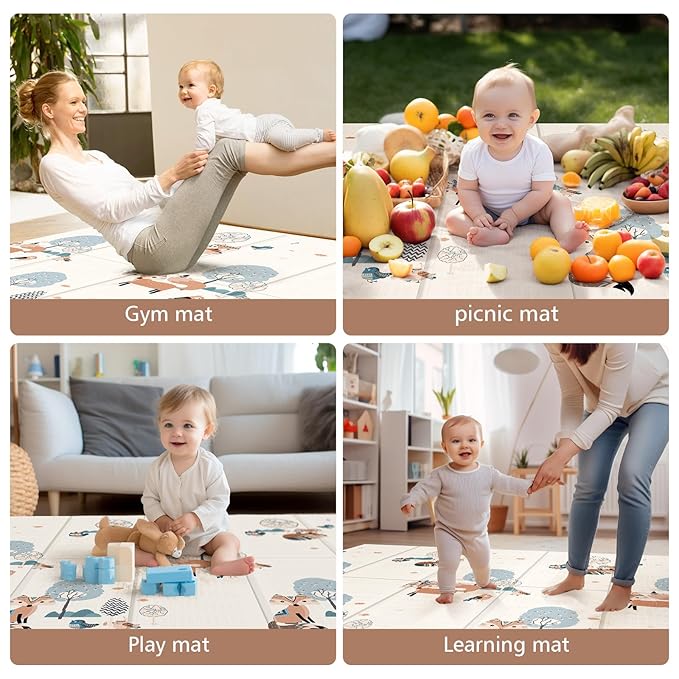 UANLAUO Foam Play Mat for Baby - Foldable Play Mats for Floor 59" x 59" Thick Foam Mats for Kids Reversible Educational Crawling Mat for Infants 6-12 Months & Toddlers, Easy Clean Playmat