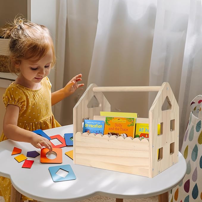 ElasignShopo Double-Sided Montessori Scalloped Bookshelf for 1-5 Years, Nursery Cute Storage for Books, House Shape Wooden Nursery Small Bookshelf, Room Furniture, Baby Bookcase 12 * 11.6 * 7.9"