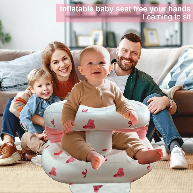 Inflatable Baby Seat for Babies 3-36 Months, Baby Chair with Fence & Built in Air Pump, Blow Up Floor Baby Seat with Back Support, Inflatable Baby Chair Sit Me Up for Home, Travel Pink Rabbit Fence