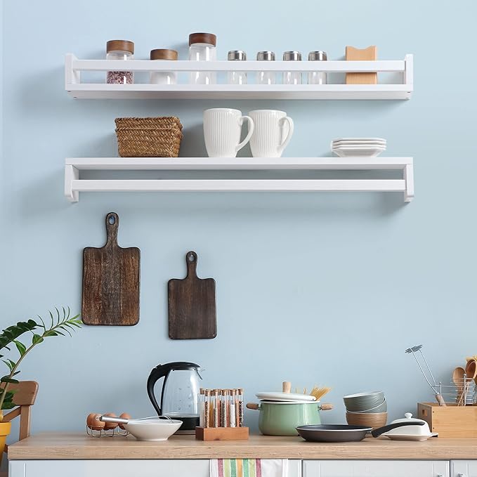 Fun Memories Nursery Book Shelves - Rustic Natural Solid Wood Floating Bookshelf for Kids - Wall Book Shelves for Kids Room (White, 32inch - 2P)