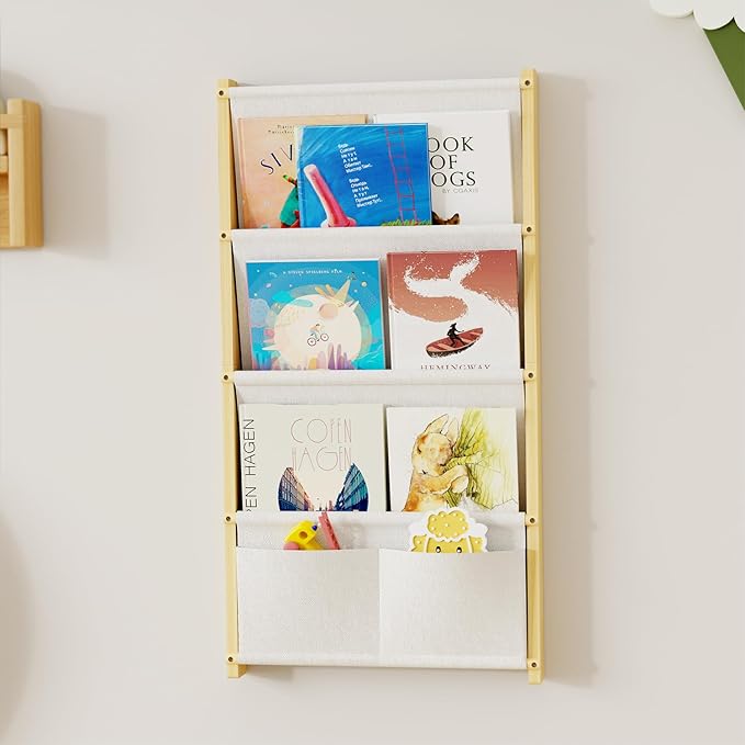 Wood 4-Tier Wall Mounted Kids Bookshelf – Floating Book Shelf For Kids Rooms,Nursery & Classroom, Hanging Bookcase Organizer For Books, Toddler Book Shelf, Montessori Bookshelf, Nursery Shelves