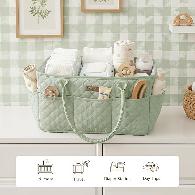 Konssy Quilted Diaper Caddy Organizer, Diaper Caddy Basket with Vegan Leather Handles, Portable Nursery Storage Basket, Water-Repellent Car Organizer, Registry Search Must Haves (Fog Green)