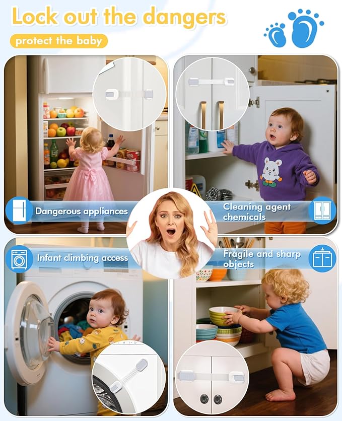 10 Pack Cabinet Locks Baby Proofing, Child Proof Cabinet Locks with 3M Adhesive - Easy Installation with Adjustable Straps, Multi-Purpose Child Safety Latches for Drawers Fridge Trash Cans White-Gray