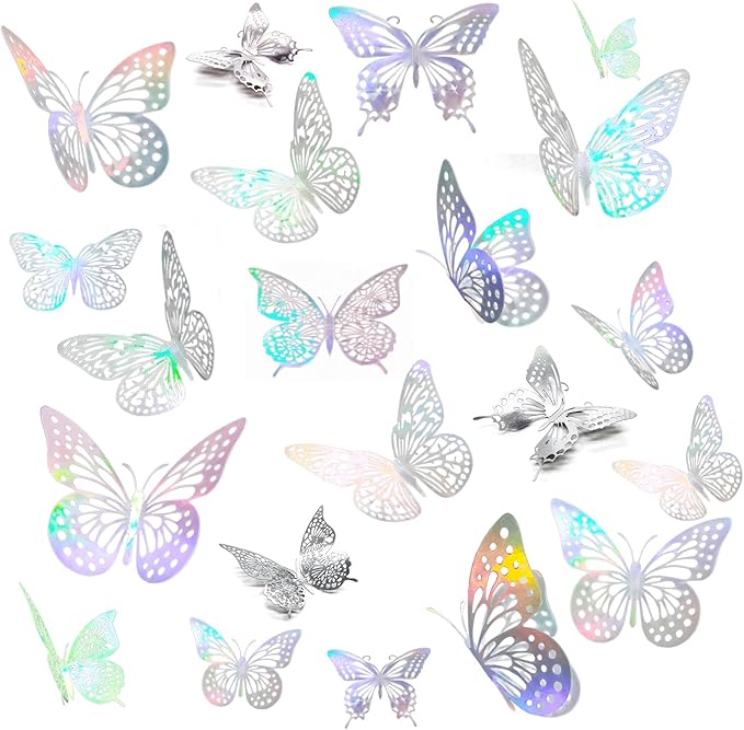 JOSDIOX 3D Laser Sivery Butterfly Wall Stickers - 48 Pcs with 4 Styles & 3 Sizes, Removable Decor for Party Birthday Wedding Cake Balloon Decoration (48 Laser Sivery)