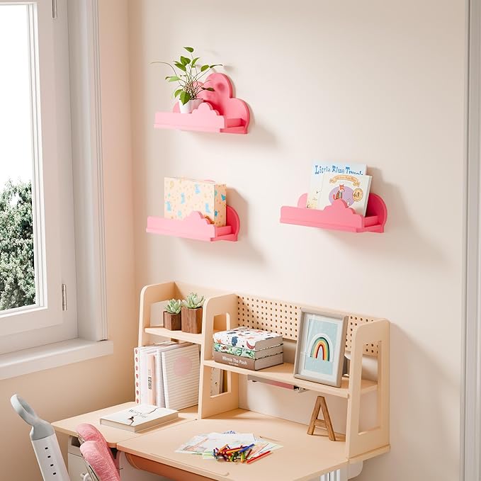 Beskadi Cloud Shelves for Kid’s Room Nursery Wall Deor Set of 3, Pink Cloud Bookshelf, Small Figure Shelf Wall Mounted, Cute Decorative Solid Wood Floating Shelves for Toys, Plants & Storage