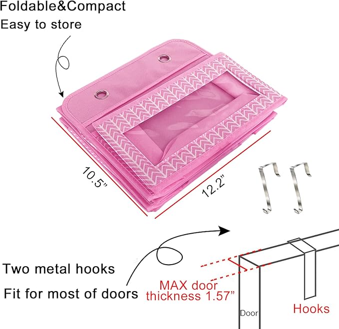 VERONLY Over The Door Hanging Organizer with 5 Large Pockets - Wall Mount Pantry Storage with 2 Big Metal Hooks for Baby Girlâs Diapers Closet, Bathroom, Nursery, Bedroom, Dorm, Baby, Kids Toys (Pink)