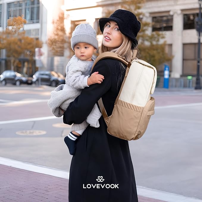 LOVEVOOK Diaper Bag Backpack, Baby Travel Bags for Boys & Girl, Toddler Waterproof Diaper Bag w/Changing Pad (Beige khaki, 17.3''-Large)