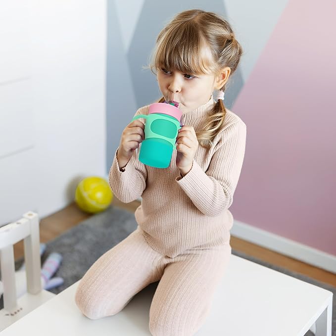 NiHome Silicone Double Handle & Boot for Owala Kids’ Tumbler 12oz 15oz, Easy to Install for Toddlers to Grip & Train, Shock-Absorbing Bottom Sleeve Drop Protection, 2Pcs (Blue + Green)
