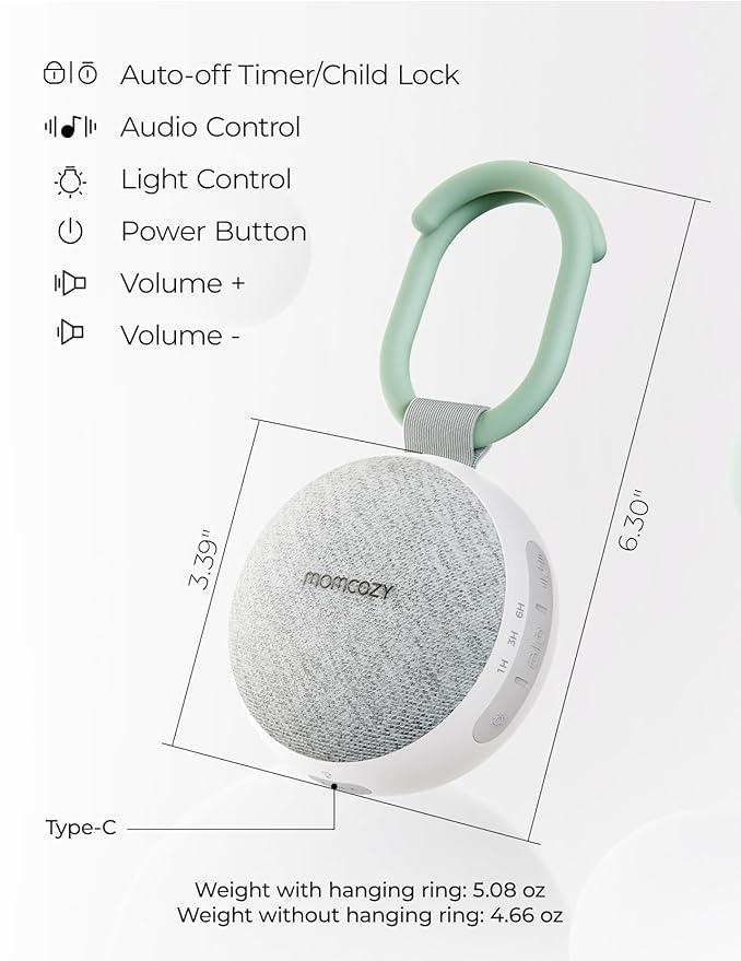 Momcozy Portable Sound Machine with Night Light, White Noise Sound Machine for Baby, 20 Soothing Sounds, Sound Therapy, Long-Lasting Power, Timer, Clips on Stroller, Baby Shower Gifts