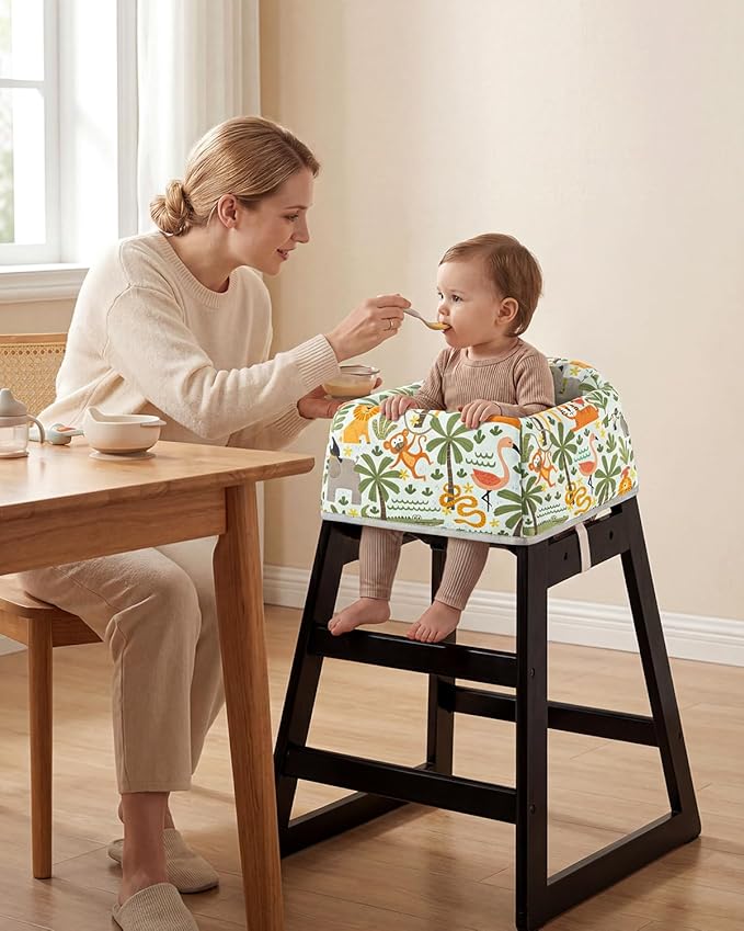 Mamatepe Baby High Chair Cover with Strap Pads & 2-Point Harness - Machine Washable, Waterproof, Portable for Restaurant/Travel/Home - Fits Wooden High Chairs, Green Forest