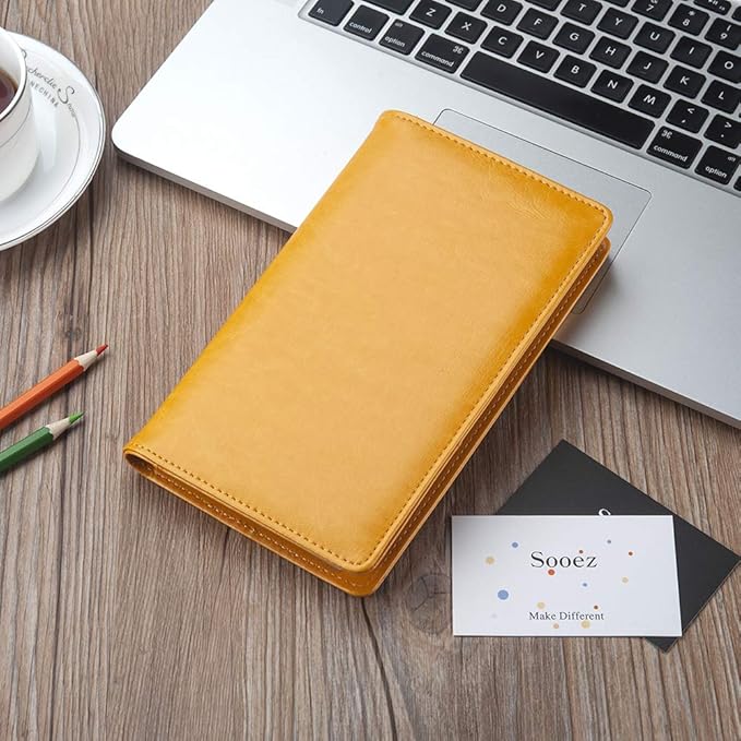 Sooez Leather Professional Business Card Book Holder Organizer, 240 Capacity Credit Card Booklet, PU Name Cards Holder Storage File for Men Women, Orange
