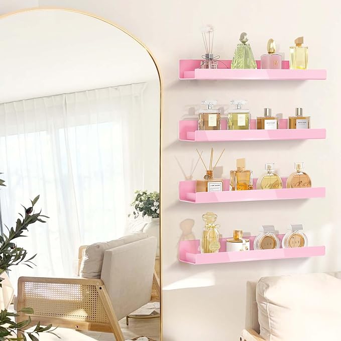 RORKIM 4 Pack 15 Inch Pink Acrylic Shelves, Kids Floating Bookshelf for Kids Room, Modern Nail Polish Rack Sunglasses Essential Oil Picture Ledge Display Toy Storage Wall Shelf
