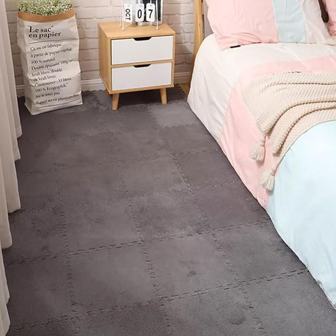 12pcs Plush Puzzle Foam Floor Mat, Soft Thicken Fluffy Interlocking Square Foam Tiles Area Rugs Carpet for Parlor Bedroom Decoration(11.8x11.8x0.4in, Grey)